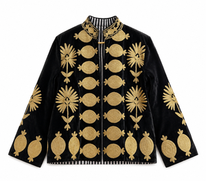 Women's Black Velvet <b>Mandarin</b> <b>Collar</b> <b>Jacket</b> With Gold Floral Embroidery Lantern Sleeve Zipper Closure Winter Outerwear - Product Image 1