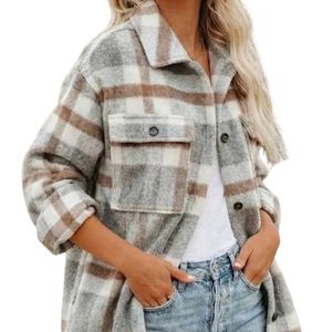 Chemisier-veste en tricot à carreaux gris, blanc et marron pour femme, à manches longues, boutonnage frontal, coupe oversize, décontracté, chaud, vêtement d'extérieur à carreaux OEM - Product Image 5