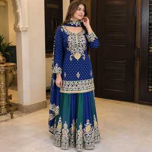 Royal Blue <b>Red</b> Indian Long Sharara <b>Suit</b> Set Women Intricate Mirror Embroidery Embellished Straight Kurta Flared Palazzo Pant - Product Image 4