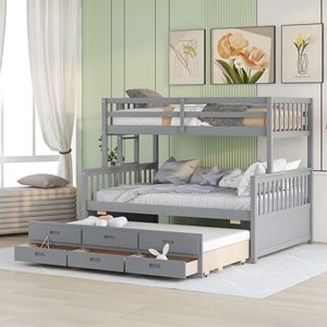 Letto a castello grigio singolo su matrimoniale con letto estraibile singolo e cassetti, letti separabili per bambini per la camera da letto - Product Image 1
