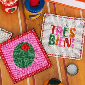 Sous-verre carré en perles de verre, motif olive, avec support en tissu, résistant à la chaleur, pour cuisine, salle à manger, accessoire de service pour boissons - Product Image 1