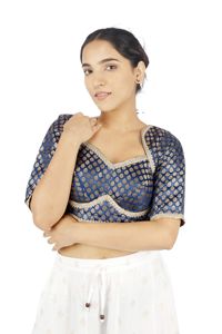 Blue Embroidered Silk Blouse <b>Crop</b> <b>Top</b> Woven Patchwork <b>Sequined</b> Button Detail Wedding Women - Product Image 1
