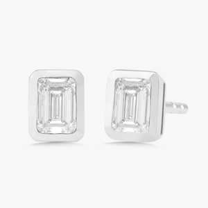 Emerald Cut Lab Grown Diamond Stud <b>Earrings</b> Bezel Set <b>Post</b> Push Back Minimalist Modern Stacking Studs Jewelry 14K 18K Solid Gold - Product Image 3