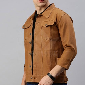 <b>Men's</b> Brown Twill Trucker <b>Jacket</b> Button Closure <b>Long</b> Sleeve Regular Fit Casual Lightweight Cotton Outerwear - Product Image 1