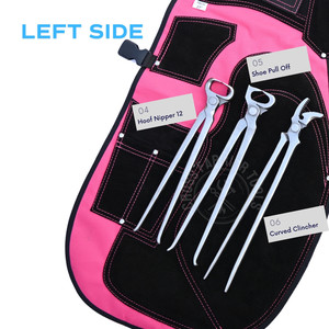 Tablier de sécurité professionnel rose pour fermeur, avec marteau, coupe-crevasses, outil de retrait de sabots, outil de décollement de sabots, et couteau à clincher courbé pour sabots - Product Image 4