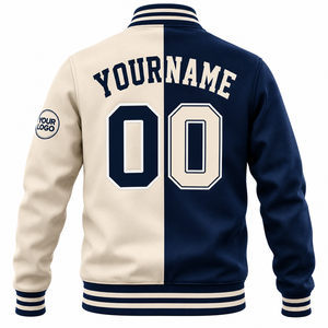 Chaqueta Universitaria para Hombre SINEWY, Color Azul Marino y Crema, Bloques de Color, Nombre y Número del Equipo Personalizados, Estilo Preppy, Cuello Camisero, Material de Poliéster - Product Image 3