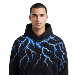 Sweat-shirt à capuche noir pour homme avec imprimé éclair, pull-over bleu en molleton de coton avec poche, décontracté, automne - Product Image 4