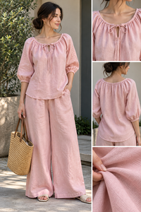 Ensemble deux pièces tendance pour l'été : haut rose à manches bouffantes et pantalon large – Vêtements décontractés unis pour la vente en gros B2B – Fournisseur en gros - Product Image 5