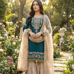 Ensemble Kurti et Palazzo en soie de créateur pour mariage, avec dupatta brodée - Product Image 1