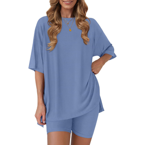 Conjunto de 2 Piezas de Punto Azul para Mujer, Top Holgado con Cuello Redondo y Pantalones Cortos, Transpirable, Informal, para Primavera y Verano - Product Image 1