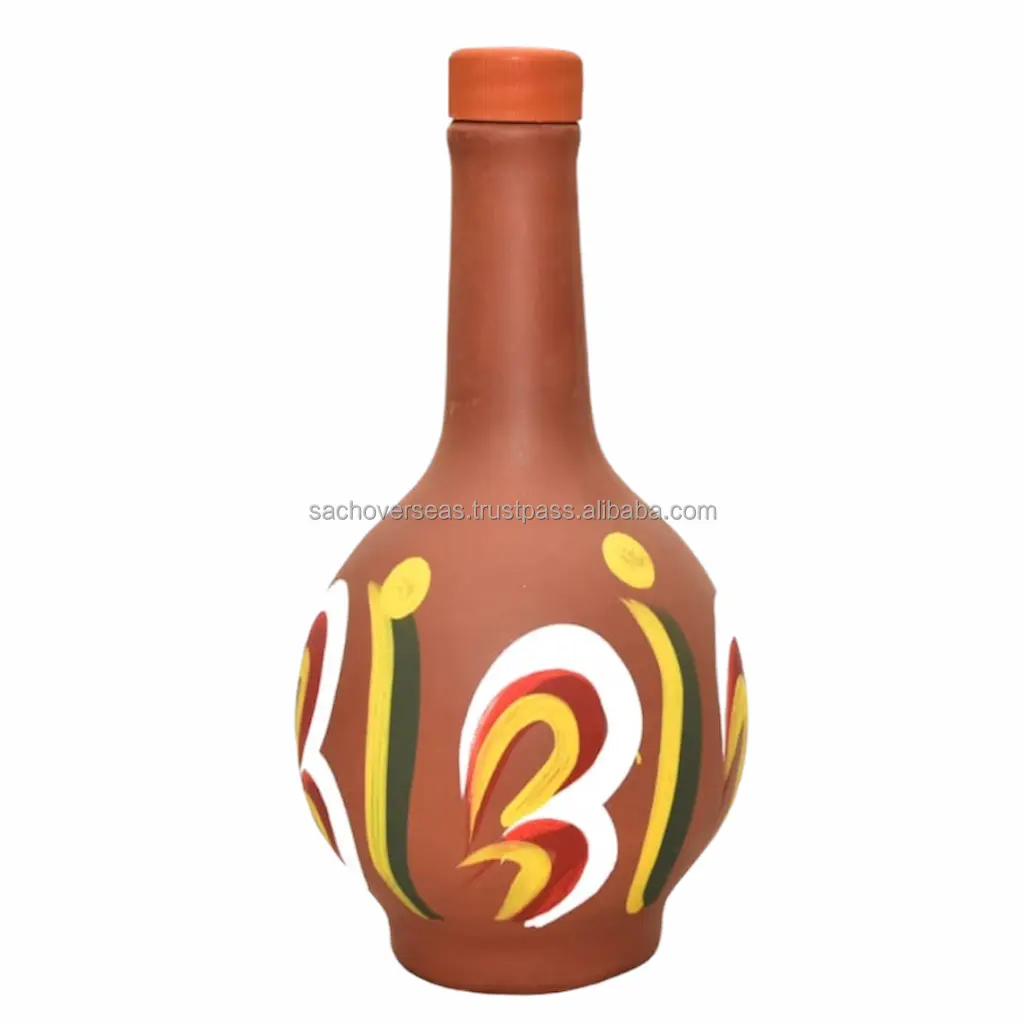 100% Handmade Indian Pottery Earthenware Brown Colour Painting Clay Water Bottle For Sale, Surai Water Bottle 1200 ML