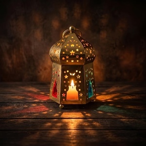 Charming <b>Gold</b> Moroccan <b>Lantern</b> with Color Glass Panels Star Moon Cutwork Candle Holder for Ramadan Home Table Decor - Product Image 2