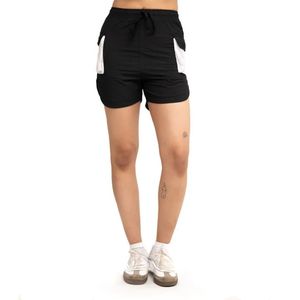 Shorts de sport noirs pour femmes avec empiècements latéraux blancs, taille à cordon de serrage, légers, pour la course et l'entraînement - Product Image 1