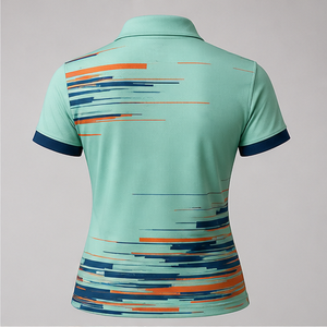 เสื้อโปโลผู้หญิงสีน้ำเงินเข้มลายเส้นสีส้มแบบกำหนดเอง แห้งเร็ว ระบายอากาศได้ดี แขนสั้น ชุดยูนิฟอร์มทีมกอล์ฟ WPS-0863 - Product Image 2