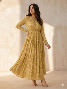 Vestido Maxi de Muselina Lavable con Estampado Floral de Tallo de Loto y Mostaza, Estilo Casual, Largo hasta el Suelo, Corte en A, para Todas las Estaciones - Product Image 5