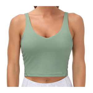 Sujetador deportivo sin costuras para mujer, cuello redondo, tirantes finos, soporte medio, color liso, para yoga, verde - Product Image 6