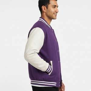 Veste universitaire pour homme à prix de gros, manches en similicuir, blocs de couleur, style baseball, corps violet, manches blanches - Product Image 5