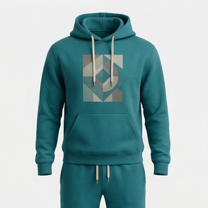 Ensemble de survêtement décontracté pour homme, vert sarcelle, à capuche, imprimé géométrique, manches longues, 100 % coton, poids moyen, pour l'automne - Product Image 1