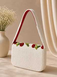 Bolso de Hombro Bohemio Hecho a Mano con Cuentas de Cereza, Patrón de Letras, Bolso de Cuentas Blancas, Ecológico - Product Image 1