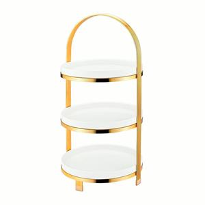 Three Tier <b>Cake</b> <b>Stand</b> With Gold Frame White Plates For Dessert Display Reusable Multi Layer Serving Tray - Product Image 4