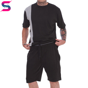 Nouvel Arrivage Ensemble T-shirt et Short Tricoté à Col Rond pour Homme, Lavable en Machine, Décontracté d'Été, Noir et Gris à Blocs de Couleurs - Product Image 5