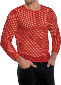 T-shirt uni rouge à col rond et manches longues, coupe ajustée et moulante, respirant, en maille filet, style clubwear, coupe carrée - Product Image 3