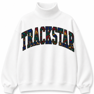 Sweat-shirt blanc à col montant Trackstar avec motif de lettres en mosaïque colorée, pull à manches longues pour collections de vêtements en gros - Product Image 1