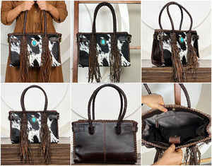 Bolso Tote de Cuero Genuino de Vaca Hecho a Mano con Flecos, Estilo Western, para Mujer, con Asas Trenzadas y Borlas - ¡Venta Caliente! - Product Image 3