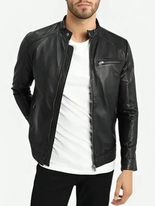 เสื้อแจ็คเก็ตหนังสีดำสไตล์คาเฟ่เรเซอร์สำหรับผู้ชาย - Product Image 3