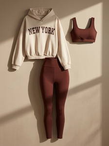 Women 3 Piece Workout Set Custom OEM Long Sleeve Crop <b>Top</b> Sports Bra High Waist <b>Leggings</b> - Product Image 6