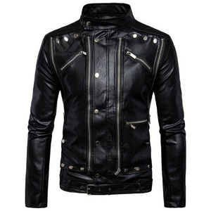 Custom Men's Genuine Leather Moto <b>Jacket</b> Zipper Closure Turn Down Collar Solid Black Regular Fit Autumn Outerwear - Product Image 5