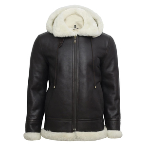 Low Price <b>Men</b> Aviator Flying Genuine Shearling Sheepskin Leather Bomber Hooded <b>Jacket</b> Brown <b>White</b> Sherpa Inner - Product Image 2