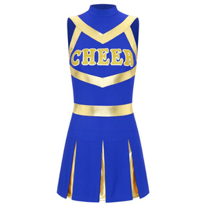 Vestido de Uniforme de Porrista Azul Dorado sin Mangas con Cuello Alto, Estampado de Letras CHEER y Falda Plisada - Product Image 1