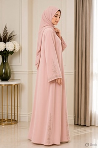 Abaya rose à col ouvert, robe longue modeste à manches longues, robe islamique brodée pour femmes, à porter au quotidien - Product Image 2