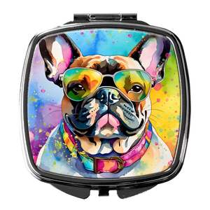 Bulldog Francés Hippie Dawg, espejo de maquillaje de mano plegable compacto, espejo de viaje decorativo para mujeres y niñas, regalos de bolsillo - Product Image 1