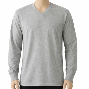 T-shirt à manches longues pour homme, col en V, 100% coton jersey, couleur unie, coupe classique, chemises décontractées avec logo personnalisé - Product Image 1