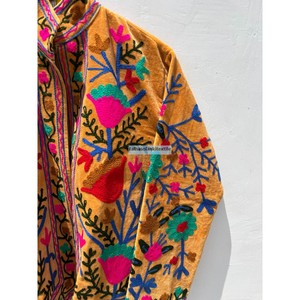 Veste matelassée en velours de coton tricoté brodé pour femme, col mandarin, manches longues, motif floral d'automne - Product Image 4