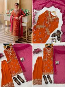 Ensemble Salwar Kameez en Georgette Festif Hiver 2026 avec Broderie Miroir Gota Patti, Tenue de Soirée Pakistanaise de Créateur, Dupatta Rose - Product Image 5