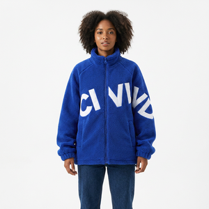 <b>Men</b> <b>Blue</b> Fleece Jacket <b>Men's</b> Loose Stand Collar Zipper Winter Casual Thick Sherpa Lined Coat with Pockets Letter Print - Product Image 4