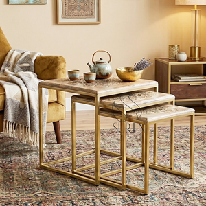 Handmade <b>Marble</b> Finish Iron Industrial Style Home Living Room Indian Solid Wood Designer <b>Coffee</b> Center <b>Table</b> <b>Set</b> of Three - Product Image 1