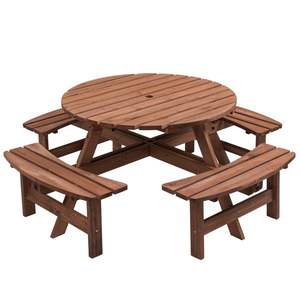 Table de pique-nique circulaire en bois pour 8 personnes avec 3 bancs intégrés pour l'extérieur pour le jardin de patio-Gris - Product Image 1
