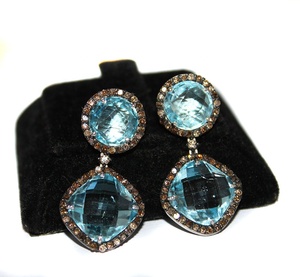 Wholesale 24.50CT 925 Silver Natural <b>Blue</b> <b>Topaz</b> Champagne Diamond Halo Drop Dangle <b>Earrings</b> Memoria Jewels - Product Image 1