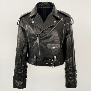 Chaqueta de Motocicleta Corta para Mujer, Estilo Vintage, de Cuero Vacuno, Resistente al Viento, con Cierre, Cuello Alto y Cinturón - Product Image 6