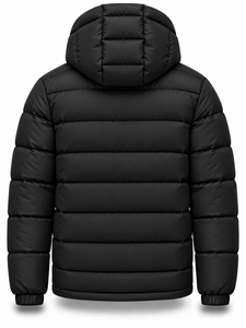 <b>Men's</b> Black Hooded Puffer <b>Jacket</b> with Red Zipper Waterproof Quick Dry Front Logo Winter <b>Casual</b> Regular Length Polyester Wadding - Product Image 2