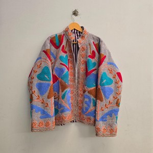 Handmade Indian Suzani Embroidery Cotton <b>Jacket</b> Vintage Ethnic Floral Boho Style Winter Wear Full Sleeve Open Front Coat - Product Image 1