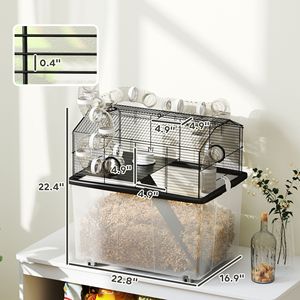 Gabbia per l'allevamento di criceti a 2 livelli con vassoio profondo 30 cm, sistema a tubi, borraccia, rampa, ciotola per l'alimentazione, 58x43x56 cm, Nera - Product Image 3