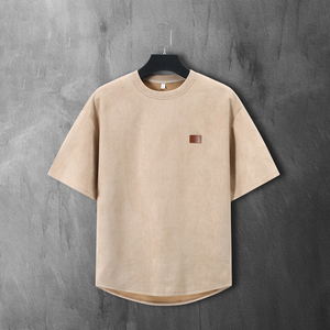 T-shirt Homme Oversize Uni à Manches Courtes Col Rond Décontracté Respirant en Jersey de Coton avec Patch Frontal - Product Image 1