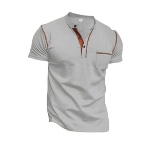Men's Short Sleeve <b>Henley</b> <b>Shirt</b> With Chest Pocket Casual Style Regular Fit Woven Cotton Breathable Design - Product Image 1
