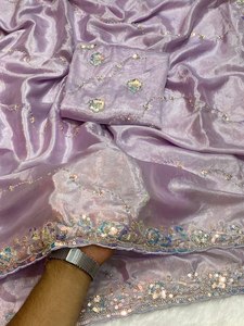 Sari de mariage indien de luxe, tendance, fait main, de créateur, élégant, pour soirée, richement brodé, avec chemisier non cousu - Product Image 5