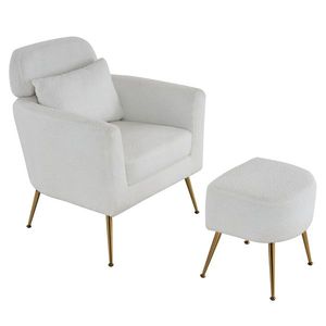 Poltrona singola beige in velluto con piedini dorati e poggiapiedi per interni - Product Image 5